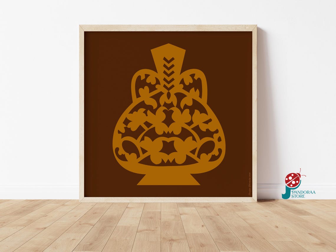 Ornamental Brown Gold Vase Silhouette Turkish Pattern Wall Art Print
