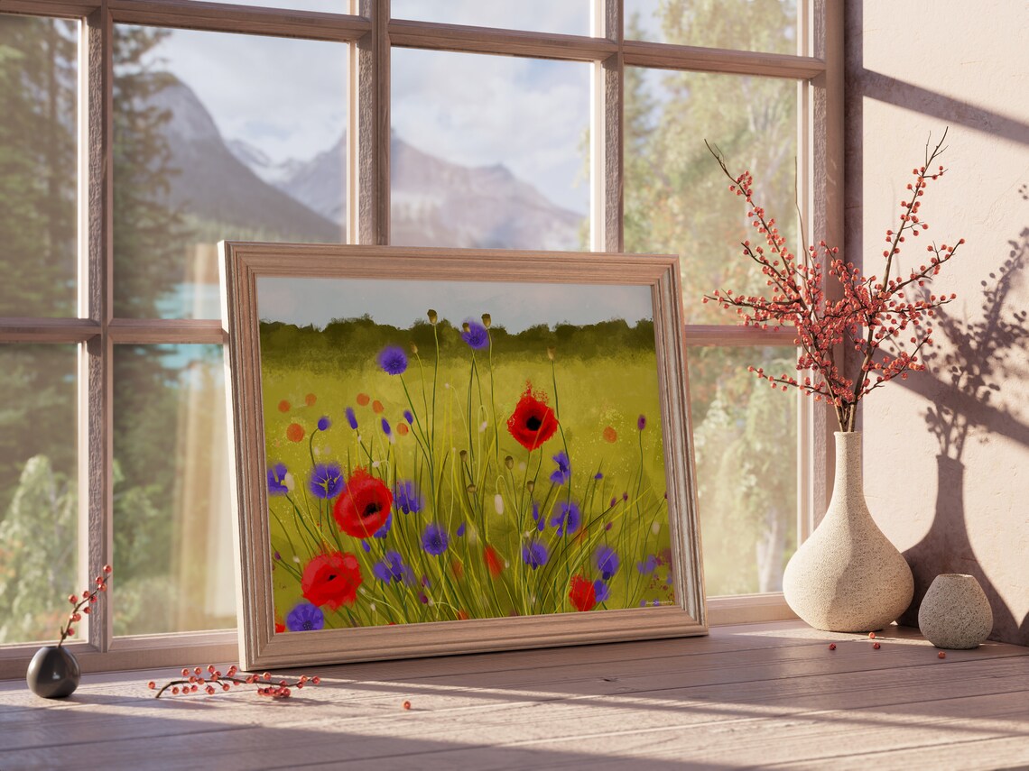 Red Poppies Purple Cornflowers Sunny Meadow Flower Field Print - Image 5
