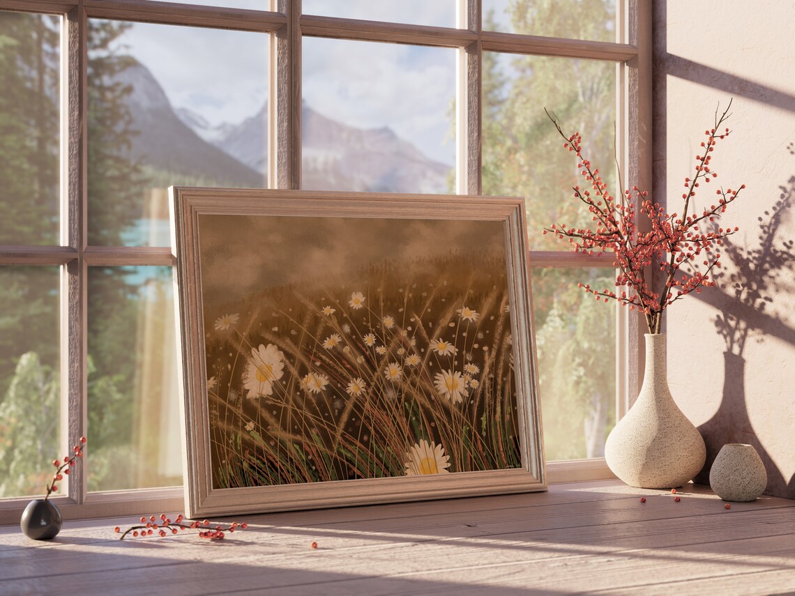 White Daisy Field Warm Brown Sky Vintage Neutral Botanical Art Poster - Image 3