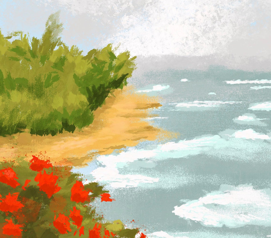 Coastal Cliffs Poppies Ocean Breeze Cloudy Seascape Landscape Poster - Image 3