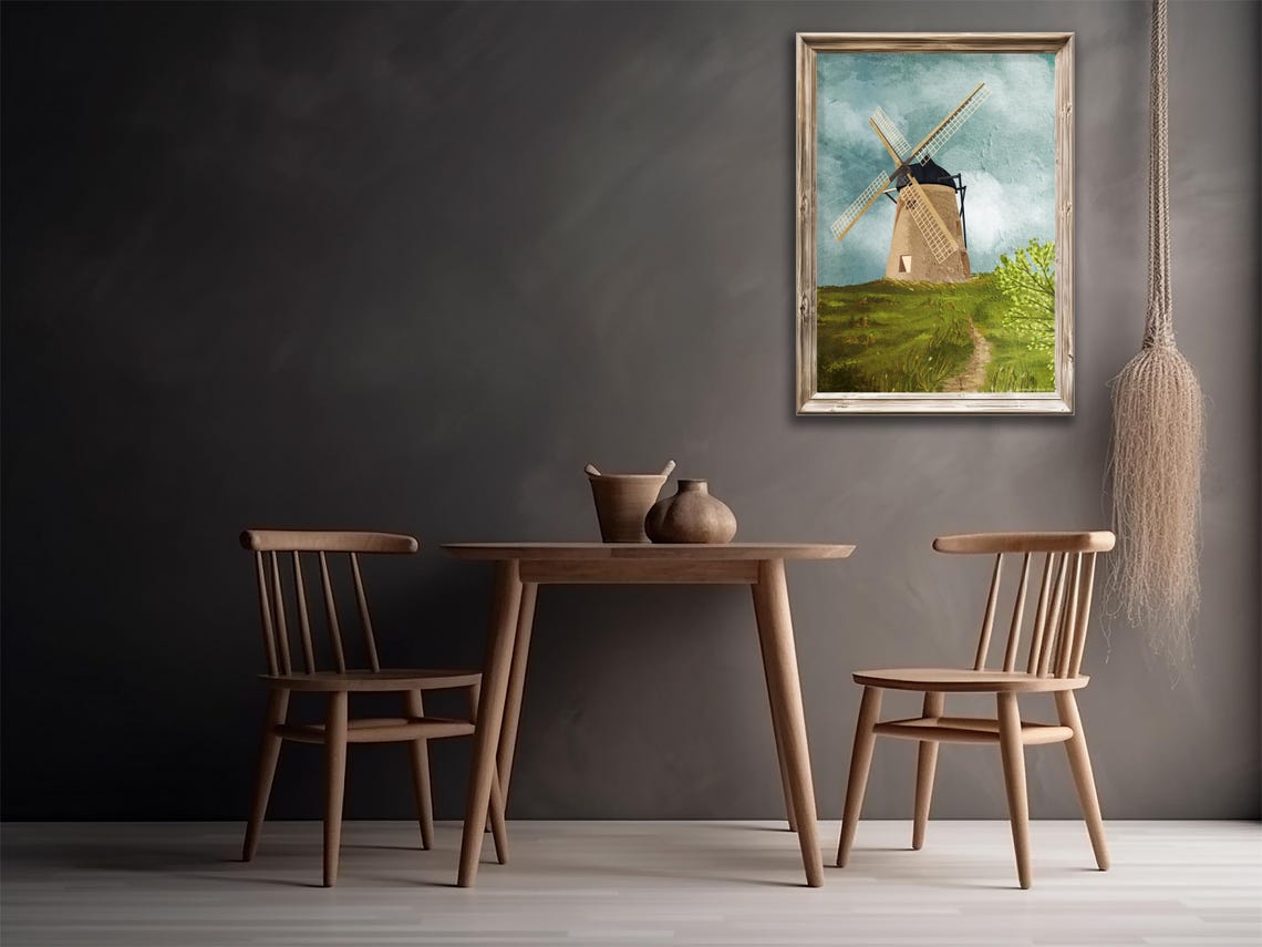Windmill Green Hill Teal Sky Rustic Countryside Landscape Art Poster - Image 3