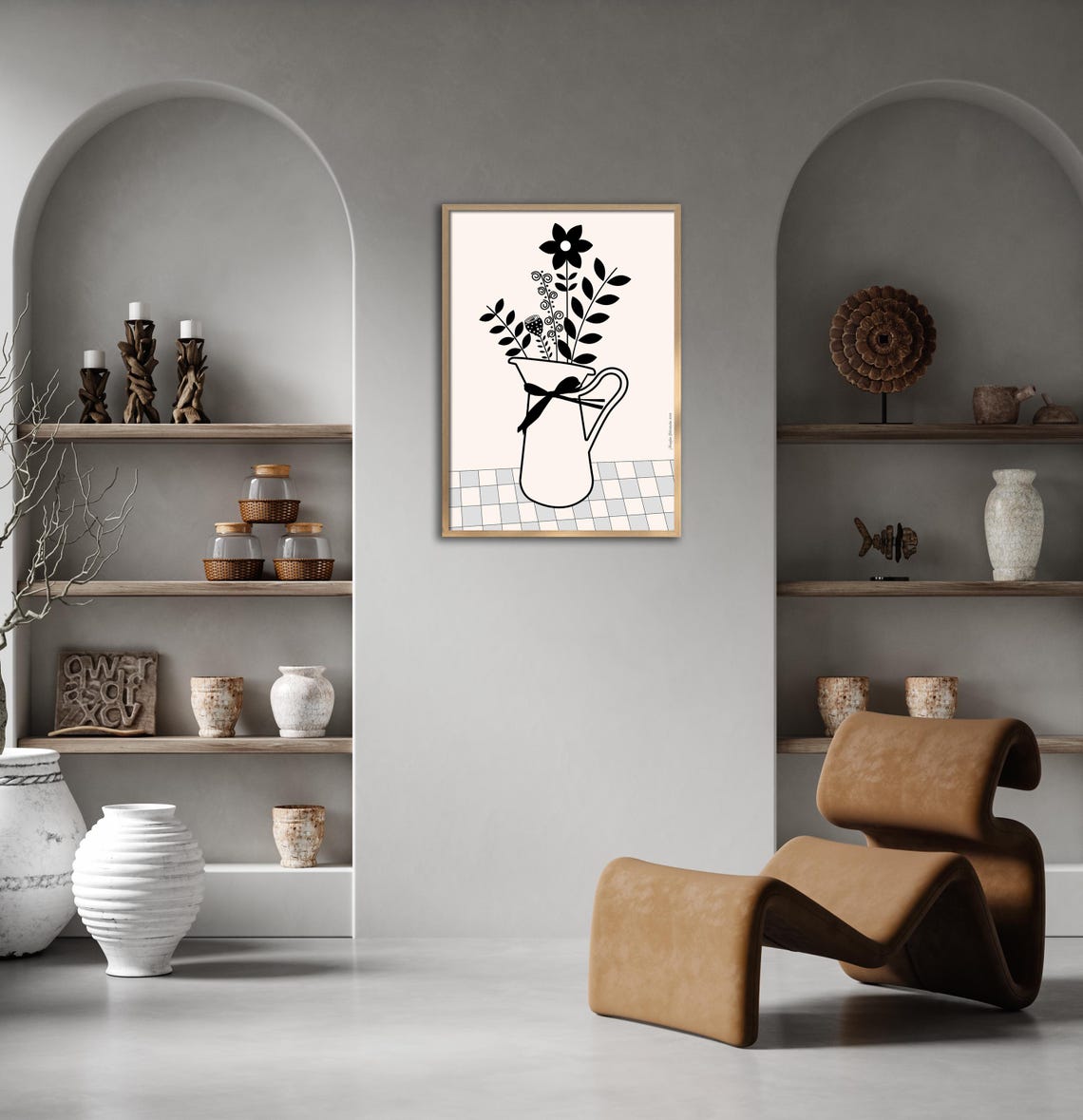Black Floral Pitcher Line Art Bouquet Ribbon Minimalist Decor Poster - Image 2