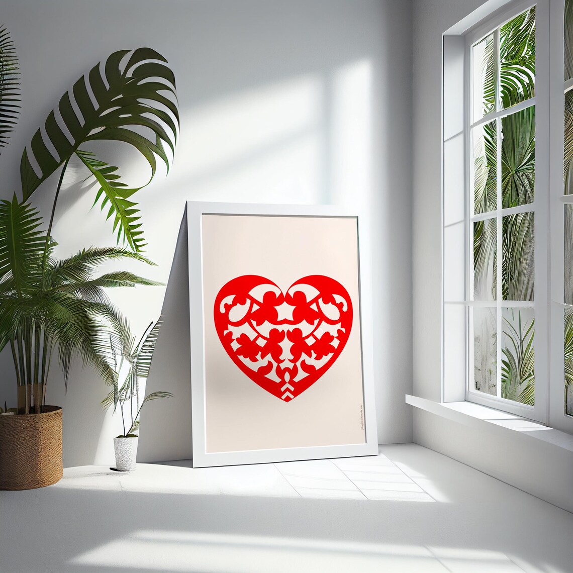 Red Folk Art Heart Papercut with Cherubs on Cream Background Poster - Image 5