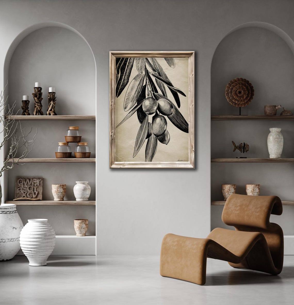 Monochrome Olive Branch Sketch Botanical Drawing Kitchen Wall Print - Image 3