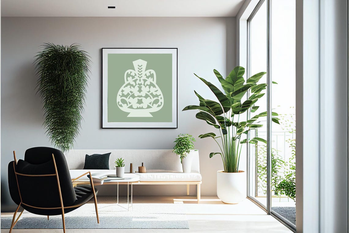 Ornamental Sage Green Vase Silhouette Turkish Pattern Wall Art Print - Image 4