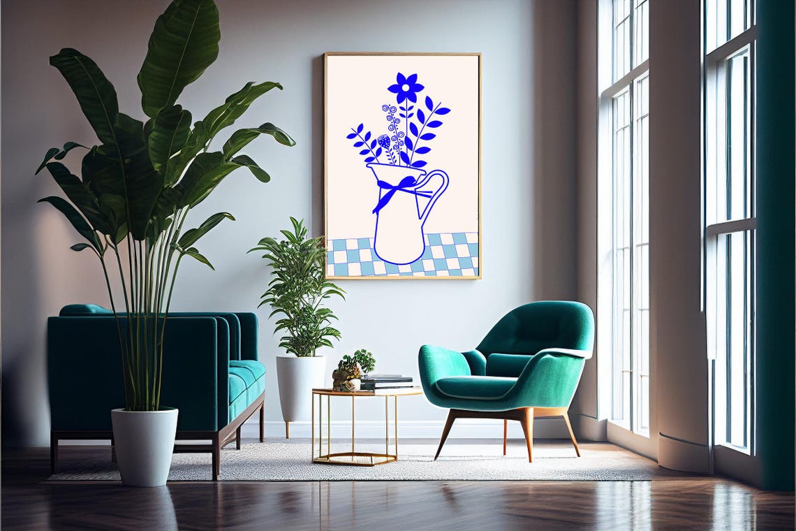 Blue Floral Pitcher Line Art Bouquet Ribbon Modern Kitchen Art Print - Image 4