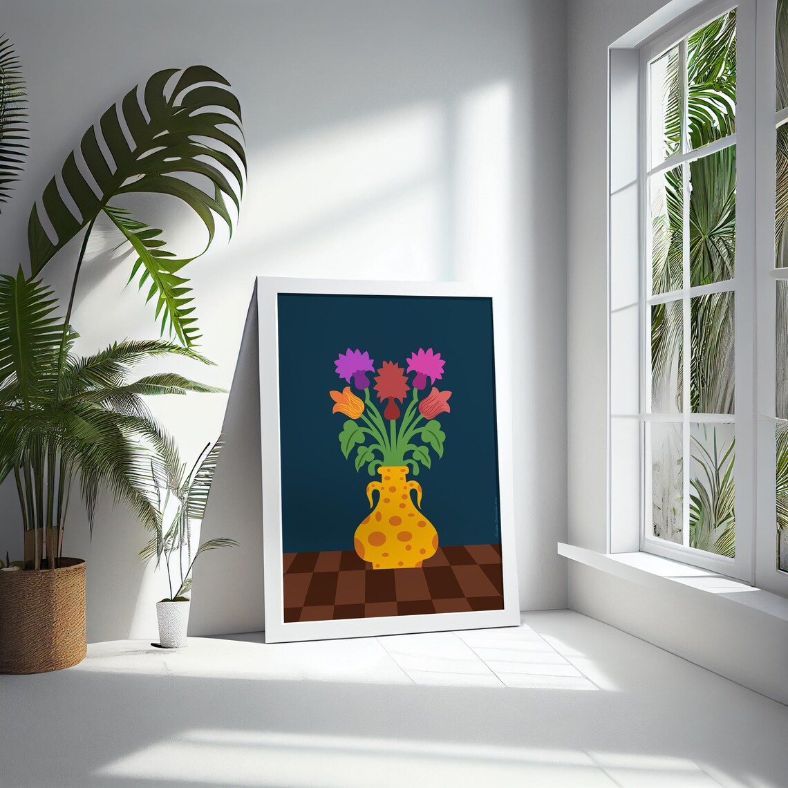 Colorful Bouquet Yellow Polka Dot Vase Dark Teal Floral Wall Poster - Image 5