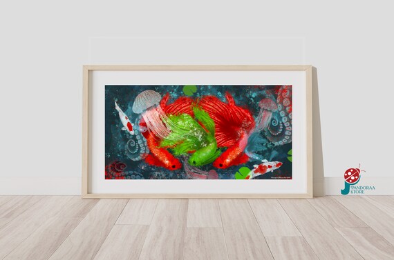 Sea Life Wall Art Red Green Fishes Wall Decor Jellyfish Poster Octopus Bathroom Art Print