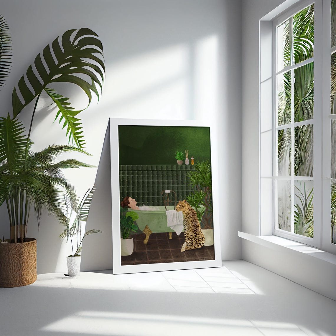 Woman Bathtub Leopard Green Tiled Bathroom Whimsical Botanical Poster - Image 5