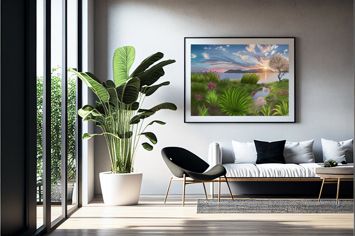 Seaside Sunset Calm Water Green Shore Wildflowers Square Print - Image 4