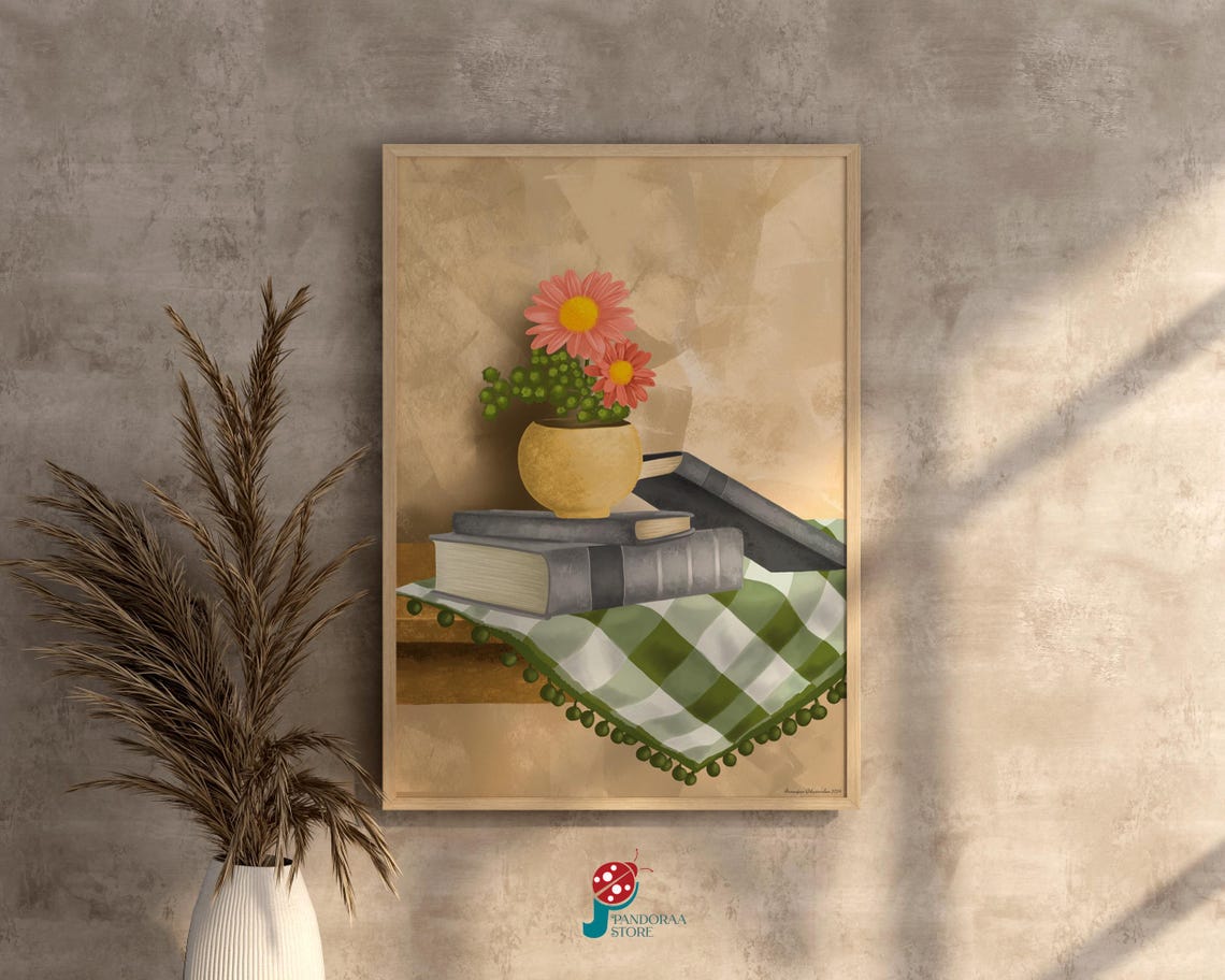 Vintage Books Flower Bouquet Still Life Cozy Reading Nook Art Poster