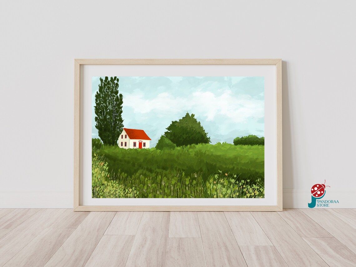 White Farmhouse Red Roof Green Meadow Tall Poplars Country Poster