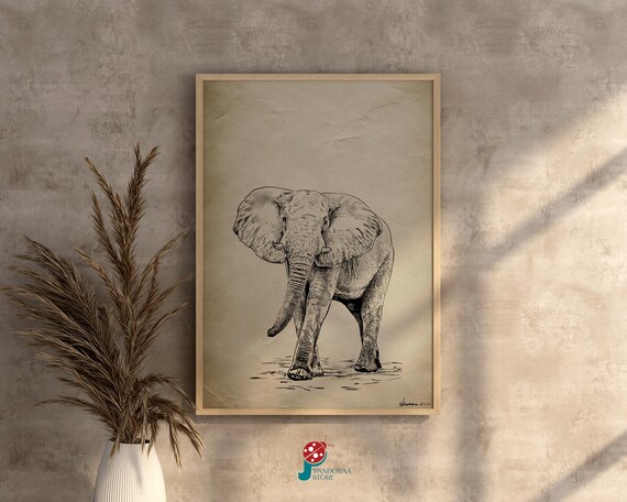 African Elephant Pencil Sketch Walking Safari Monochrome Art Poster