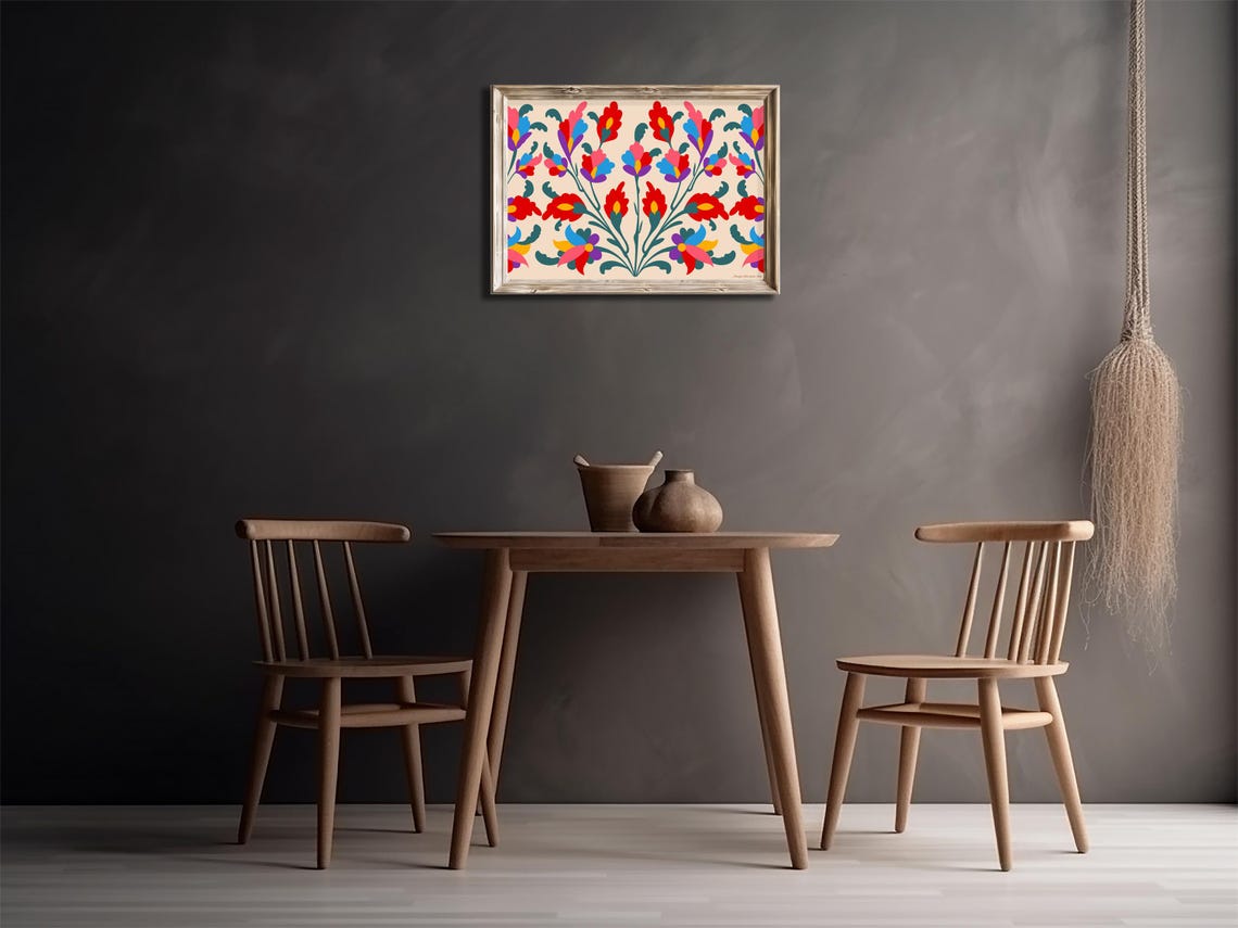 Colorful Bohemian Folk Floral Pattern Red Blue Blossom Wall Poster - Image 2