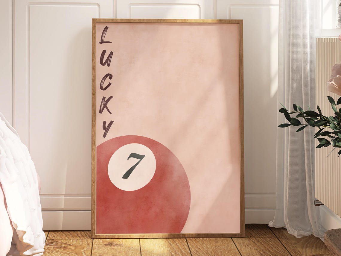 Chic Lucky 7 Red Pool Ball Watercolor Preppy Blush Decor Poster
