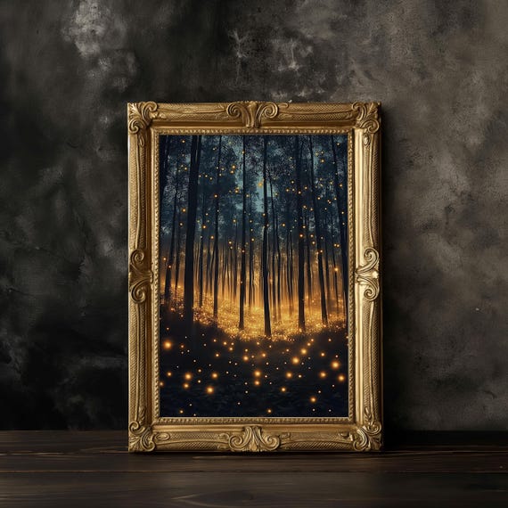 Magical Forest Whimsigoth Decor Forest Print Dark Maximalist Art Print Enchanted Fireflies Decoration Moody Botanical Art Forest Mural