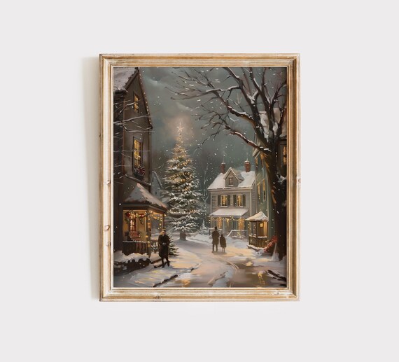 Snowy Village Street at Night with Glowing Christmas Tree Vintage Poster