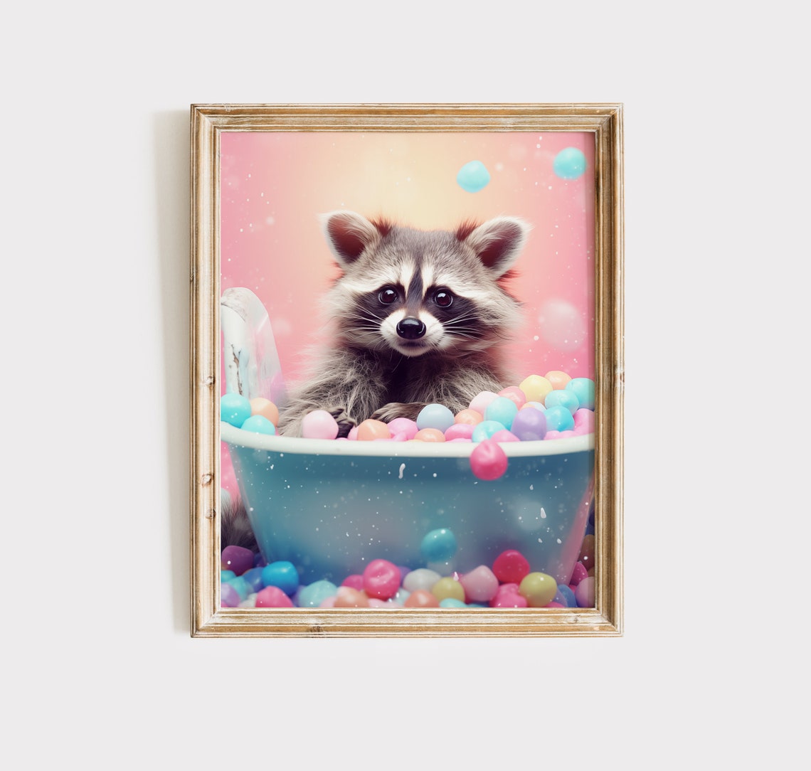 Raccoon In Pastel Ball Pit Bubble Bath Cute Funny Bathroom Wall Poster