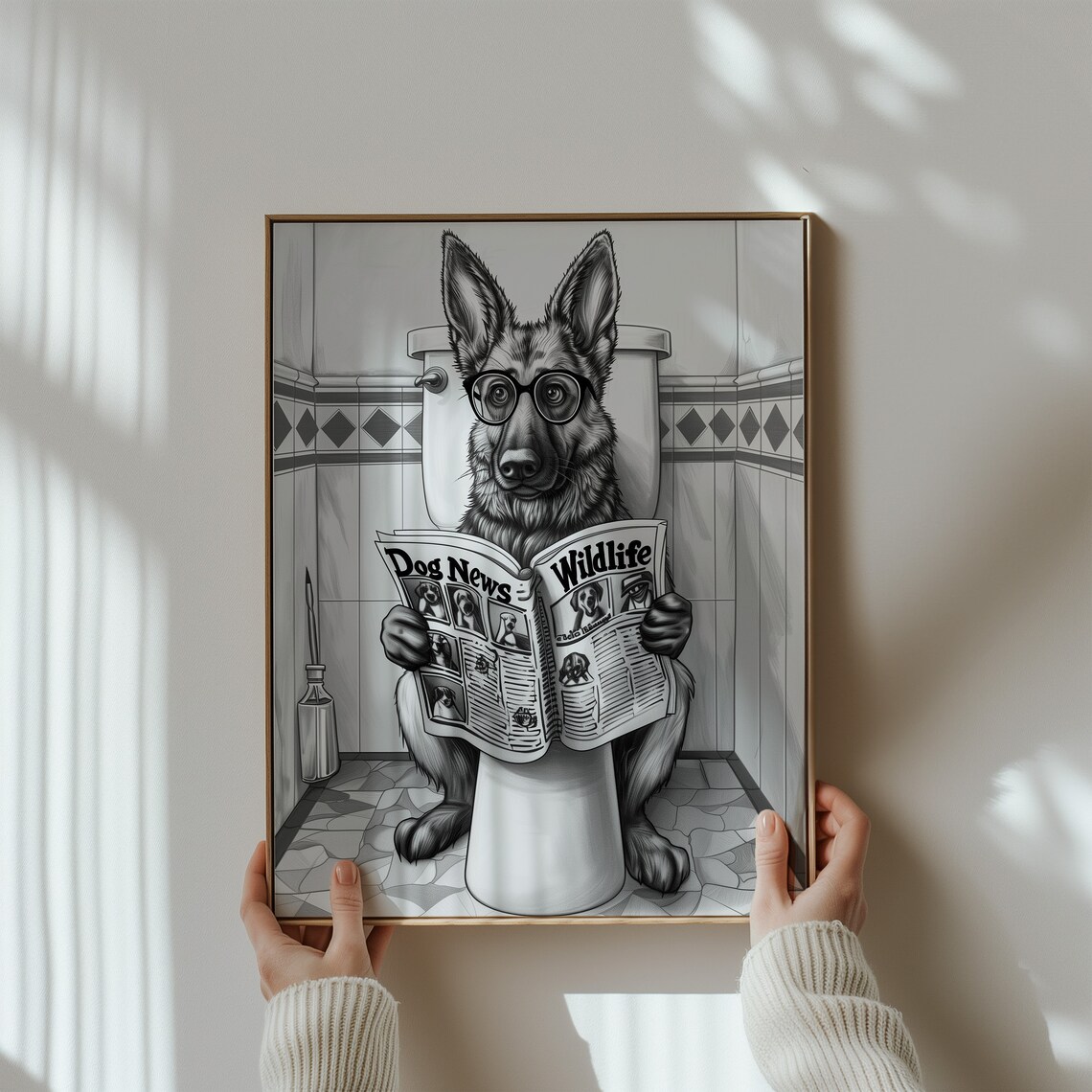 German Shepherd Glasses Reading Dog News Toilet Funny Bathroom Poster - Image 3