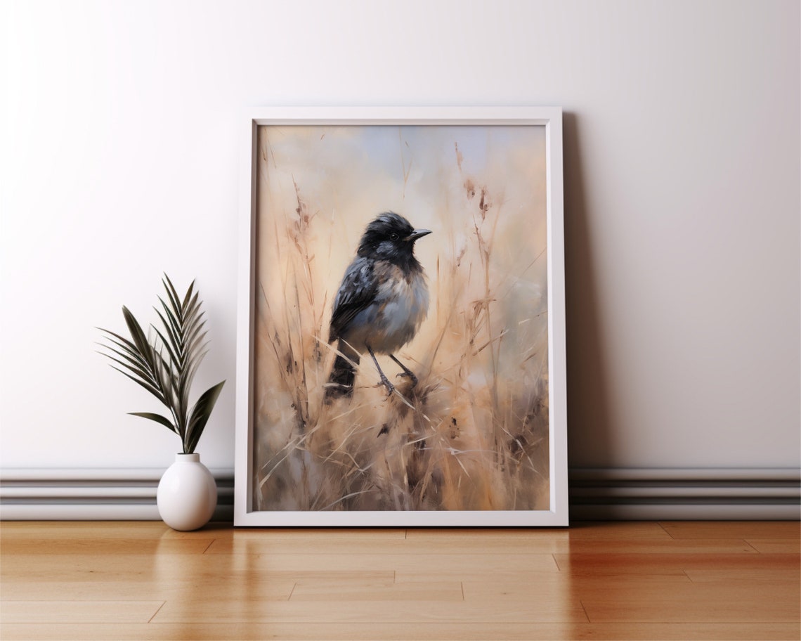 Black Headed Songbird Standing in Golden Wild Grass Meadow Poster - Image 2