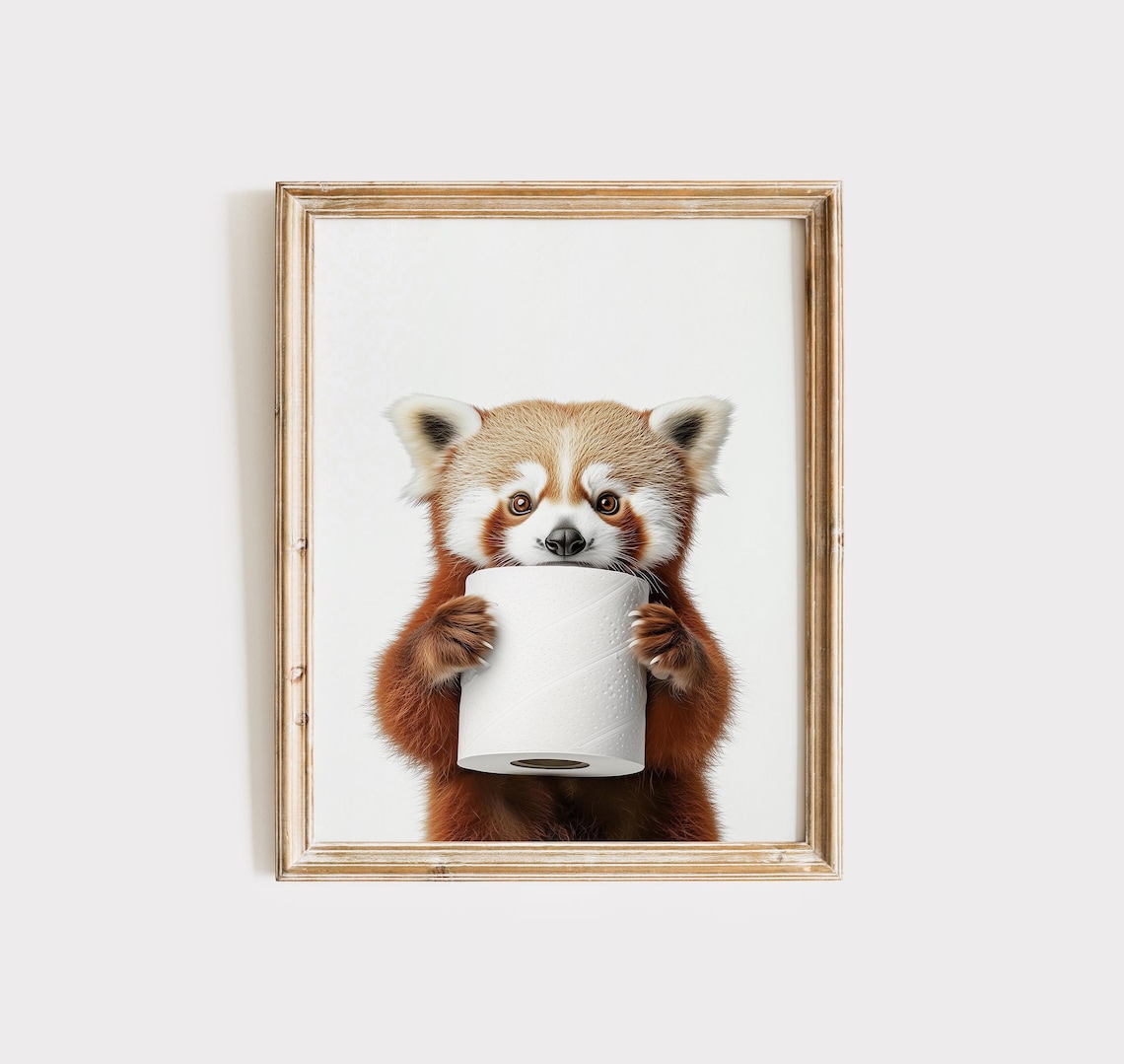 Adorable Red Panda Holding Toilet Paper Roll Bathroom Poster