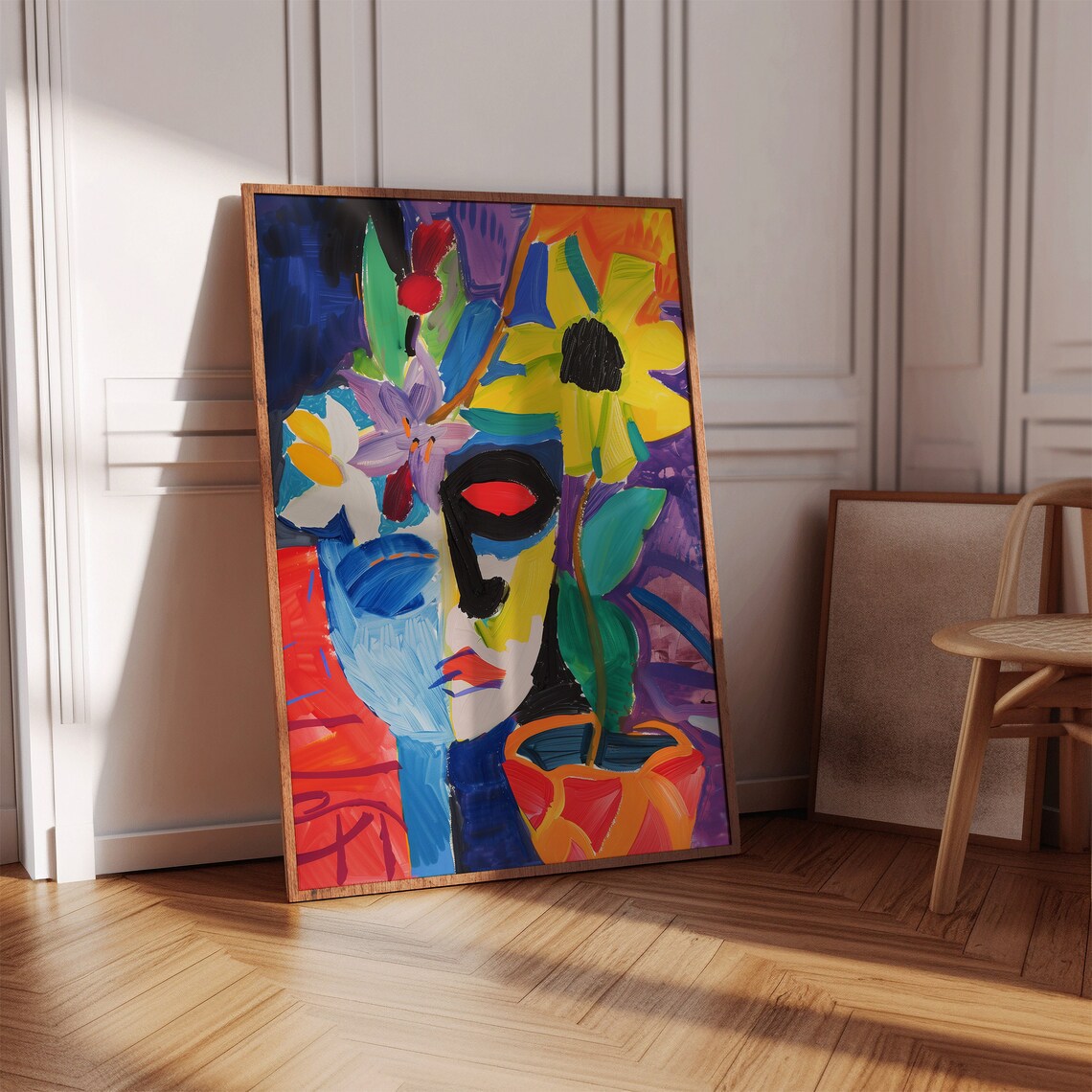 Colorful Abstract Face and Sunflowers in Matisse Style Art Poster - Image 2