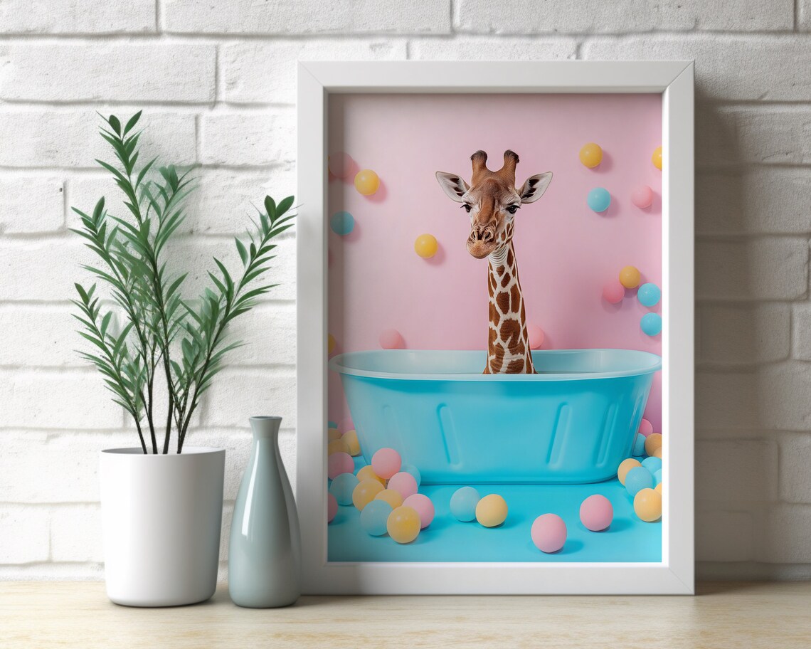Giraffe in Blue Bathtub Pastel Pop Art Funny Kids Room Animal Poster - Image 3