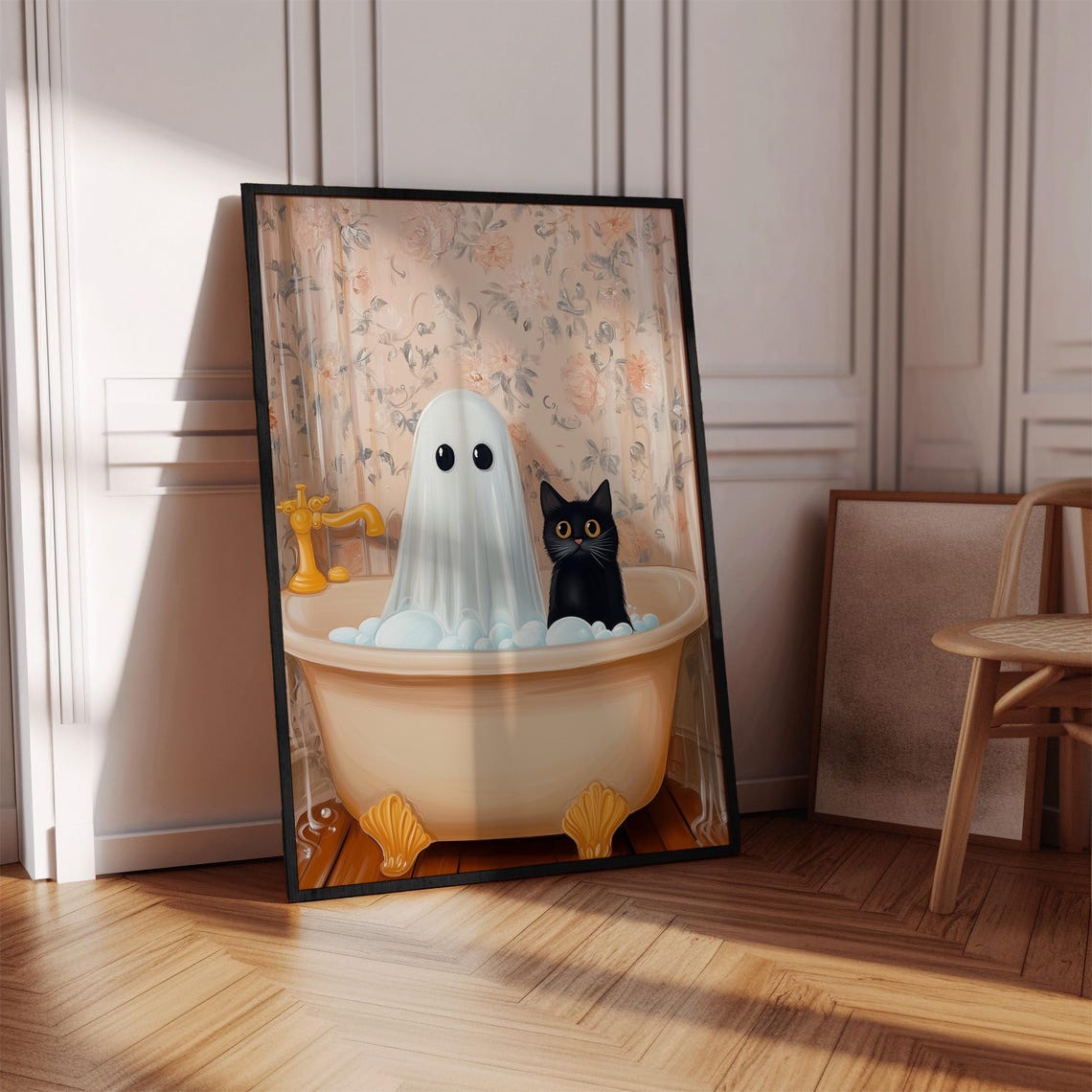 Cute Ghost And Black Cat Bubble Bath Vintage Bathroom Poster - Image 2
