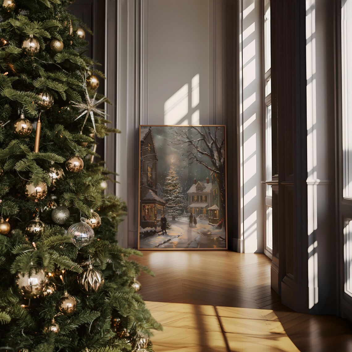 Snowy Village Street at Night with Glowing Christmas Tree Vintage Poster - Image 2
