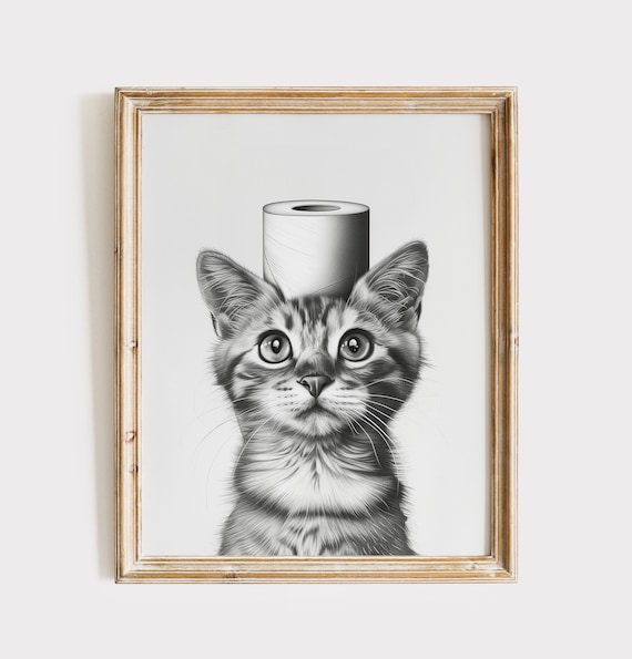 Tabby Cat Wearing Toilet Paper Hat Funny Bathroom Sketch Poster
