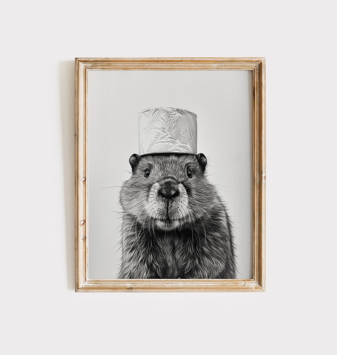 Beaver Toilet Paper Roll Hat Funny Black White Animal Poster