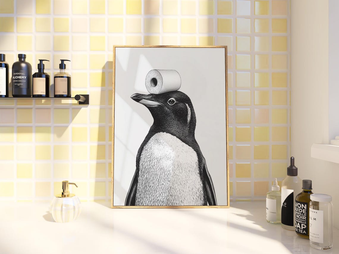 Penguin Balancing Toilet Paper Roll Black White Funny Bird Poster - Image 2