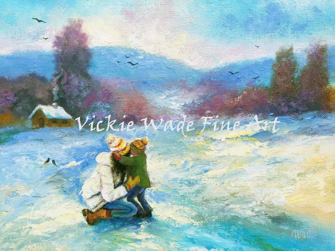 Mother Kneeling Down to Hug Her Young Son in the Snow Poster