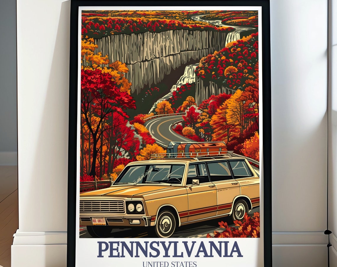 Pennsylvania Autumn Road Trip Retro Station Wagon Travel Poster