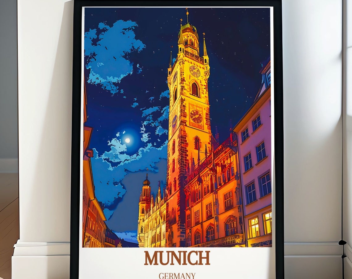 Munich Germany Old Town Clock Tower Moonlit Night View Travel Poster
