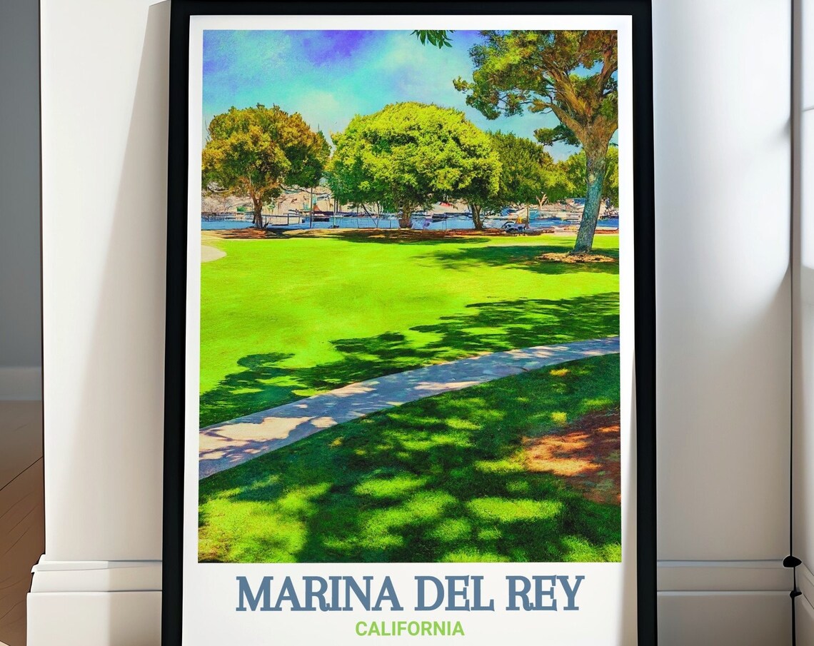 Marina Del Rey Green Park Lawn Marina View California Travel Poster