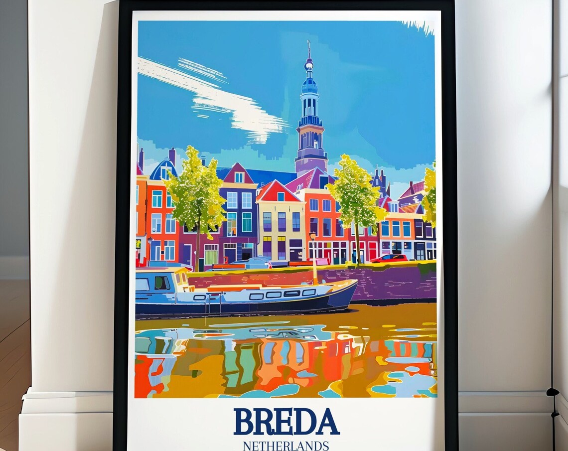 Breda Canal Colorful Houses Great Church Netherlands Travel Poster
