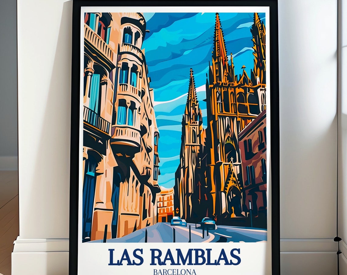 Las Ramblas Barcelona Historic Street Cathedral Scene Travel Poster