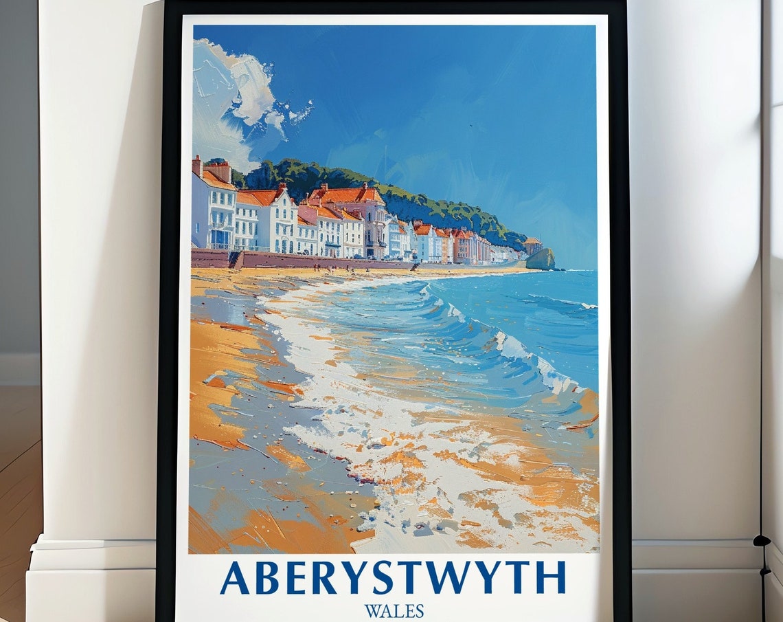 Aberystwyth Beach Golden Sand Rolling Waves Wales Travel Poster