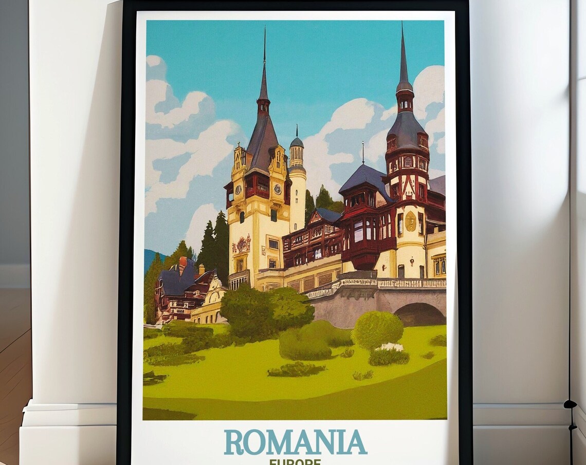 Romania Europe Peles Castle Fairytale Spires Garden Travel Poster