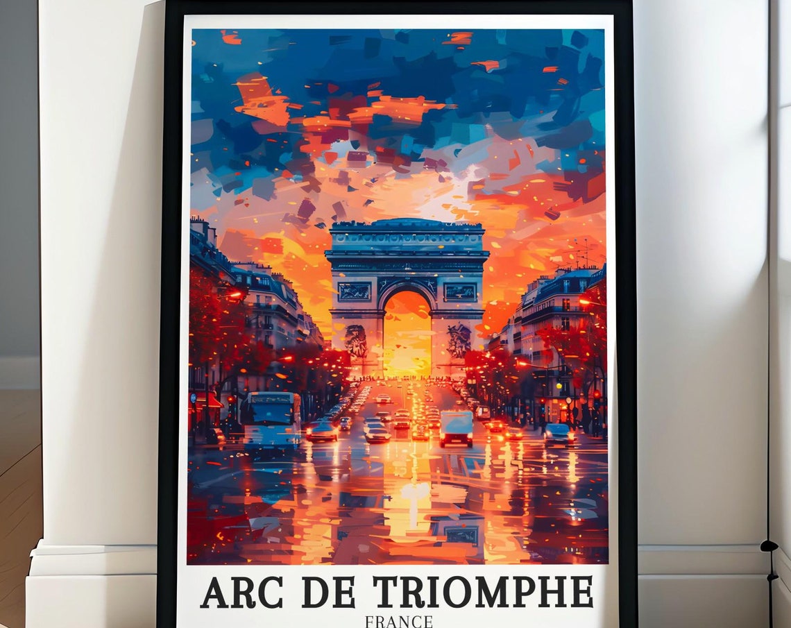 Arc de Triomphe France Fiery Sunset over Champs Elysees Avenue Poster