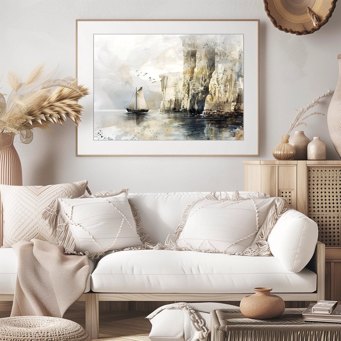 Sailboat by White Cliffs Watercolor with Birds Seascape Poster - Image 4