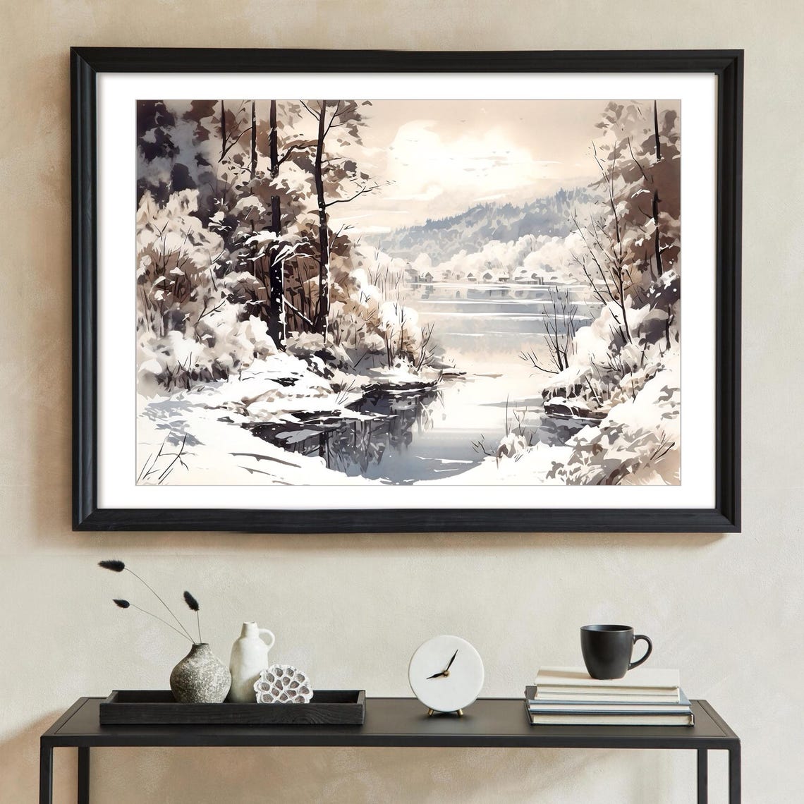 Winter Forest Lake Mountain Landscape Watercolor Art Print - Image 2