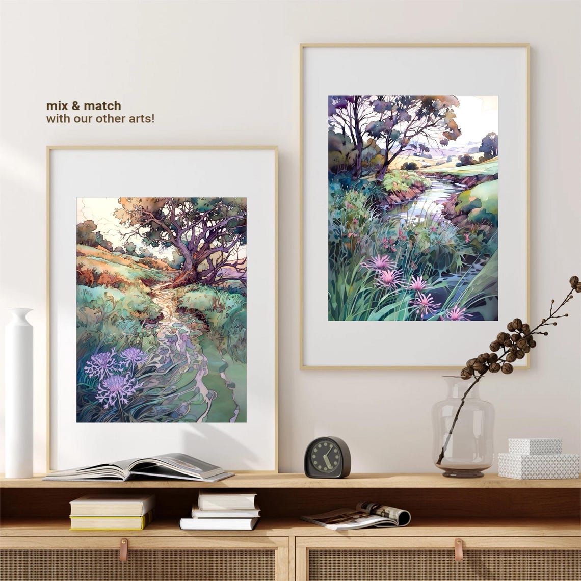 Hillside Stream with Purple Blooms Watercolor Landscape Poster - Image 2