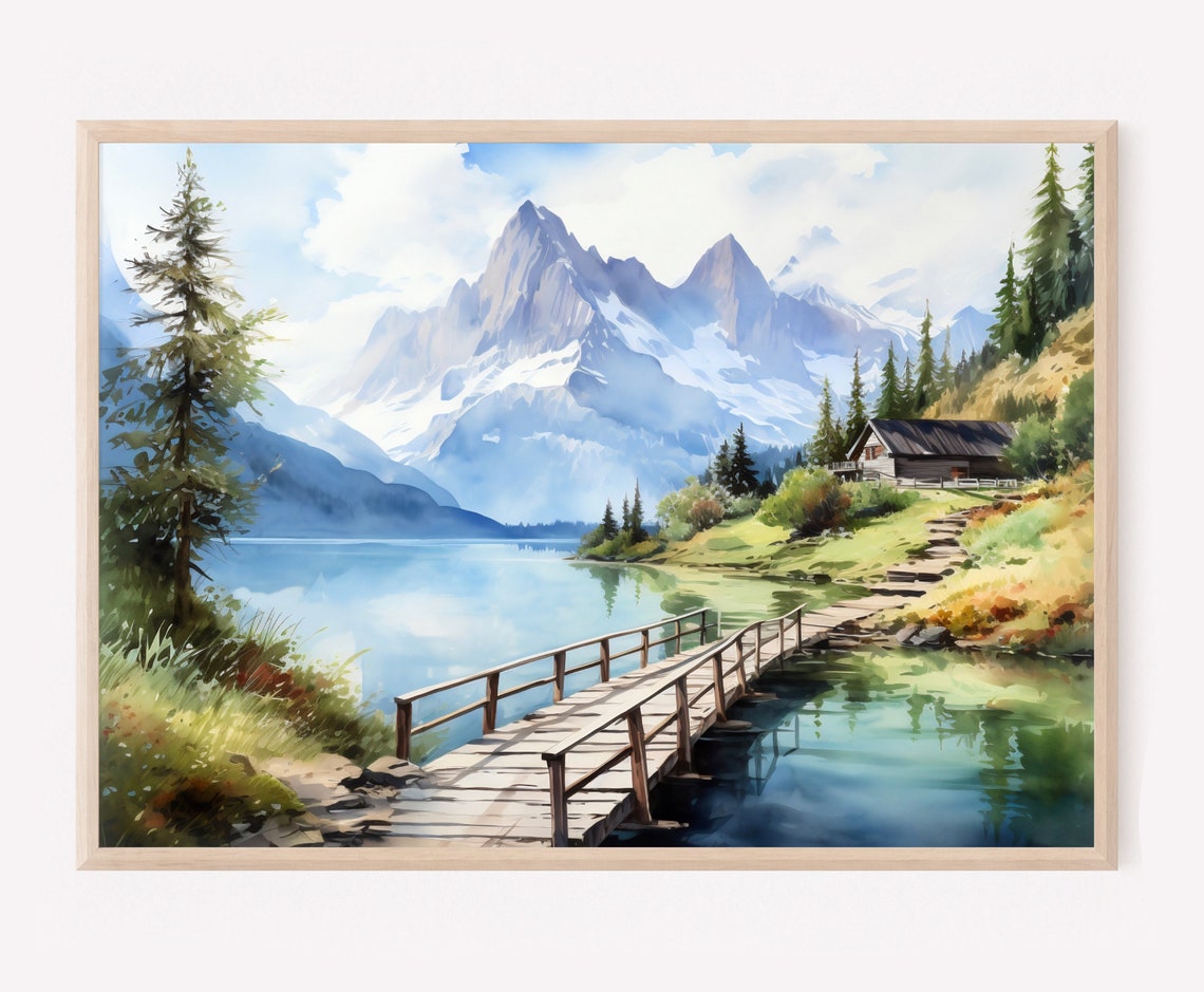 Alpine Lake Wooden Footbridge Chalet Snowcapped Peaks Art Poster