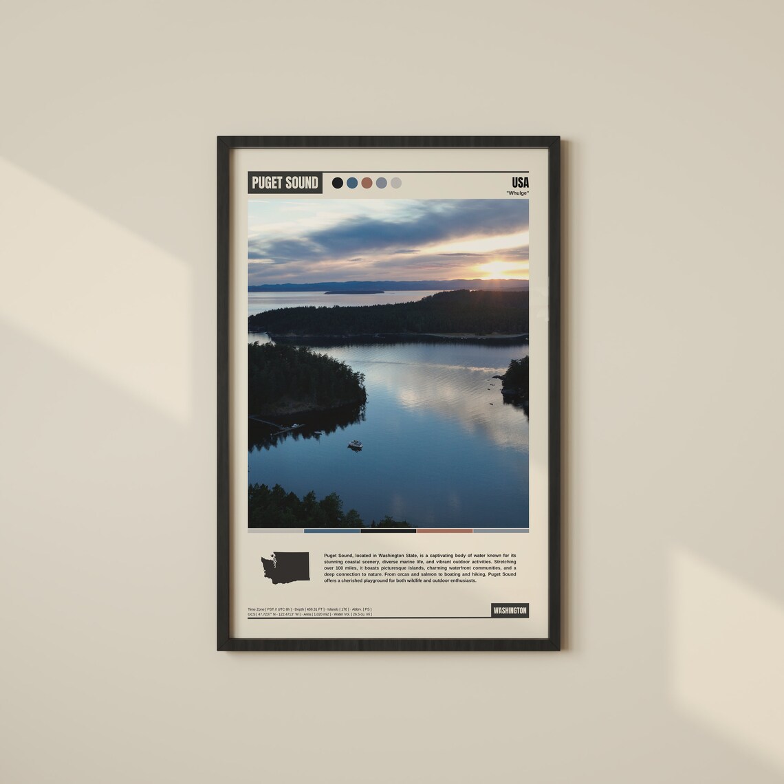 Puget Sound Washington Golden Sunset Aerial Water Landscape Poster