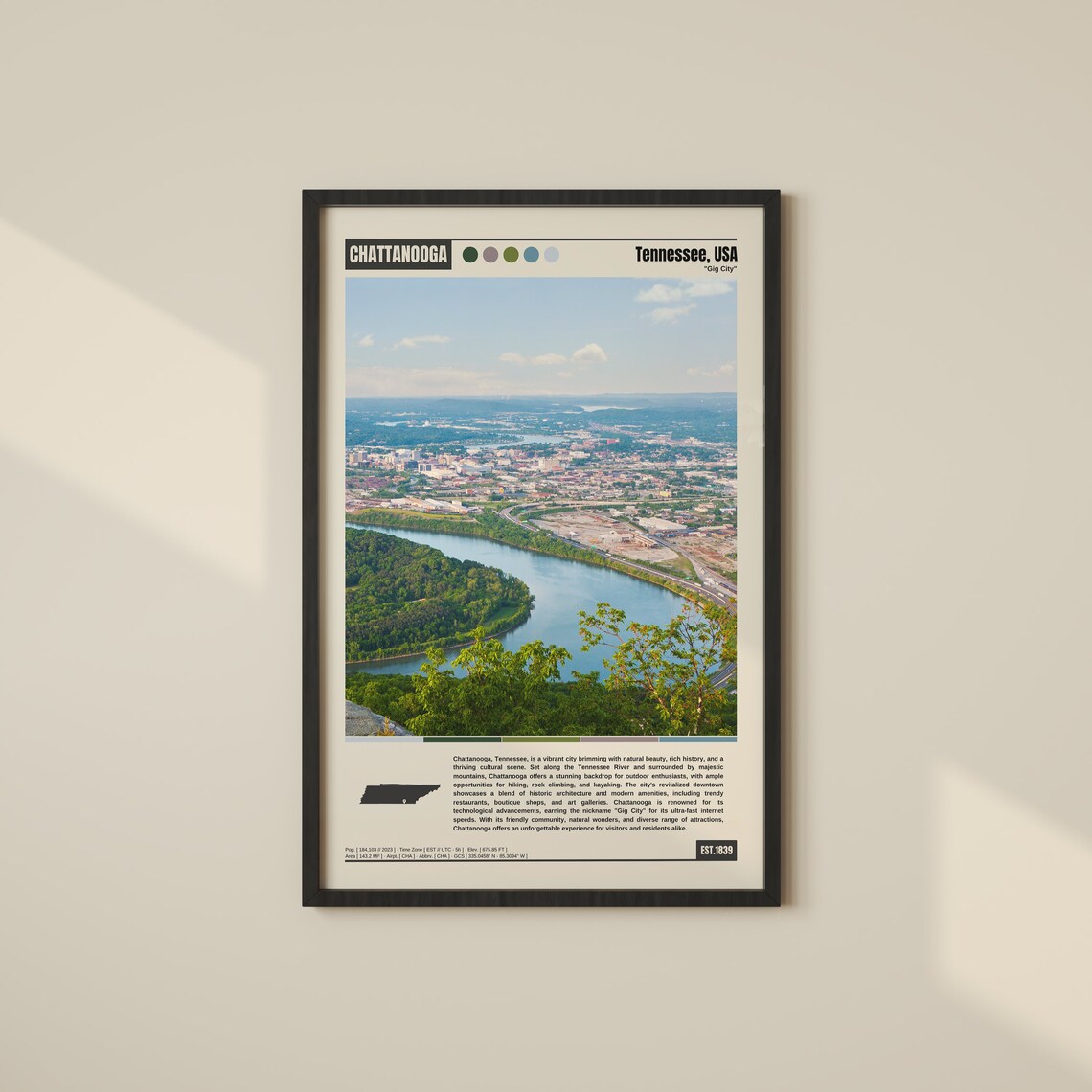 Chattanooga Travel Poster, City Map Wall Art Print
