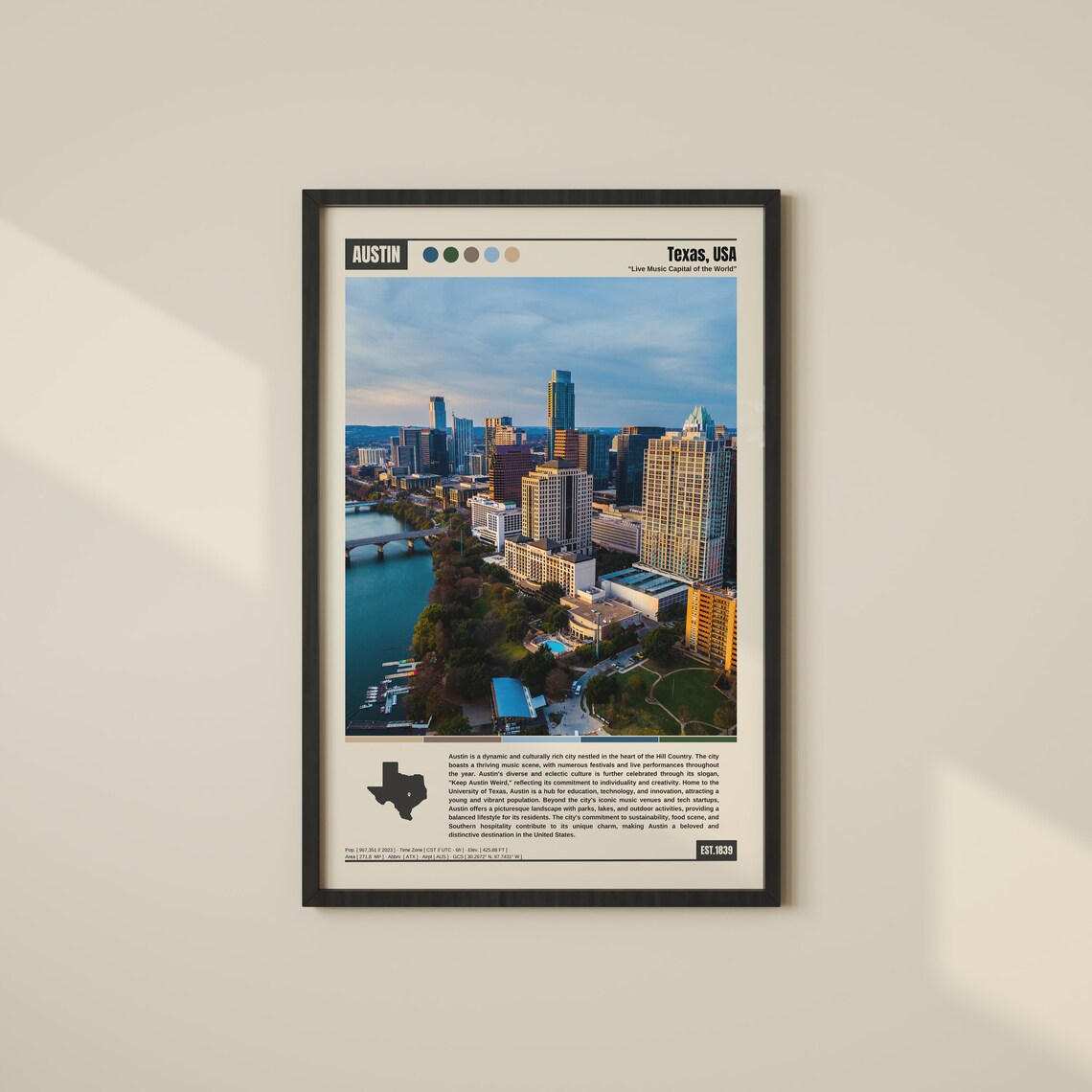 Austin Travel Poster, Map and Skyline Wall Decor