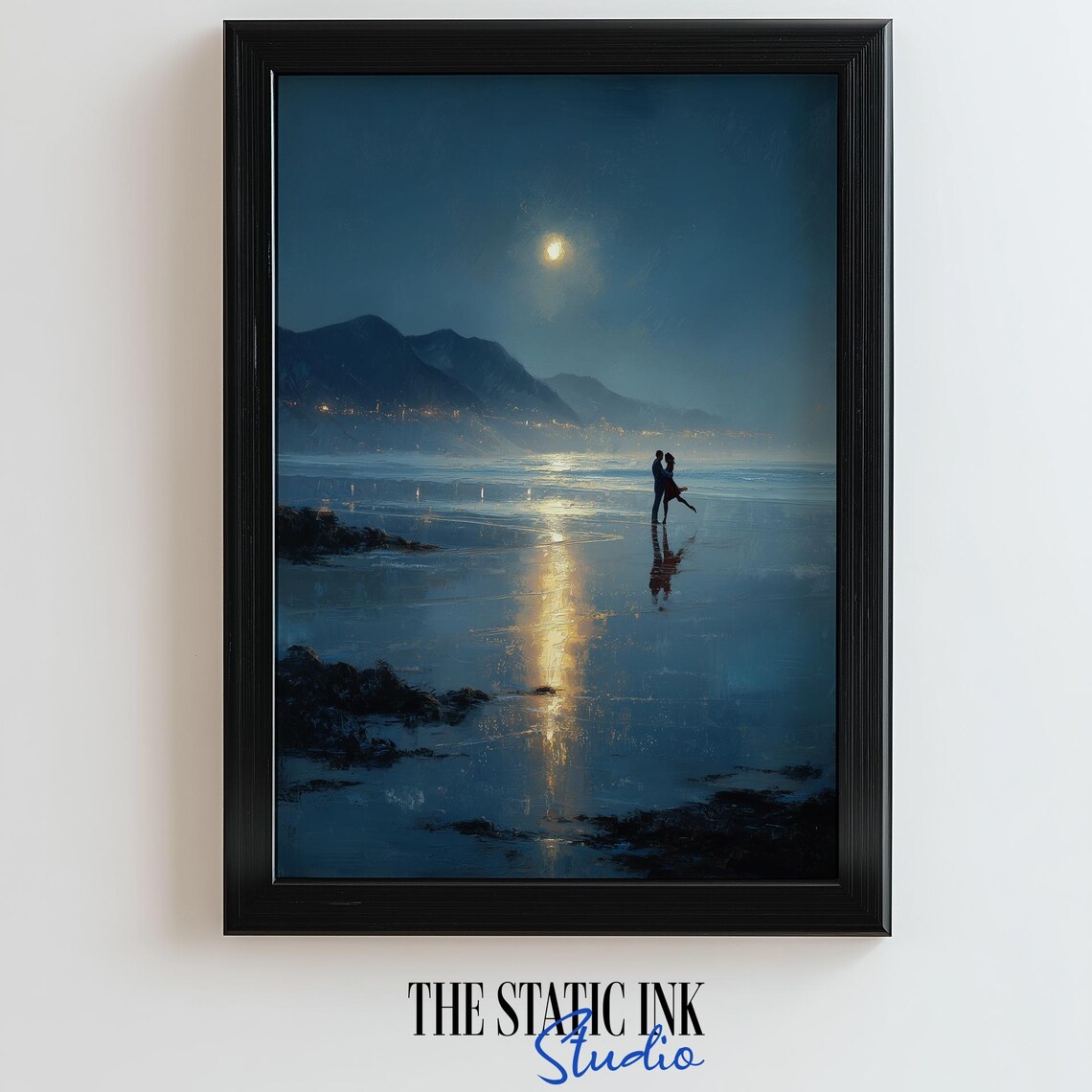 Romantic Moonlit Beach Embrace Couple Silhouette on Wet Sand Poster