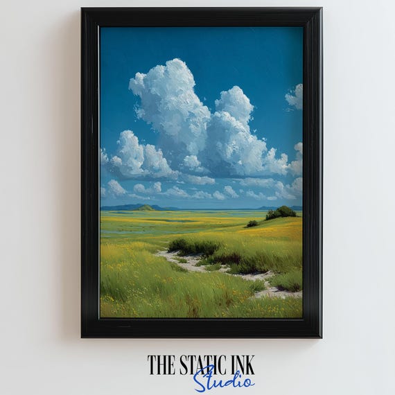 Bright Cloudy Meadow Wall Art Peaceful Field Landscape Painting With Blue Sky And Pathway Nature Scene Print